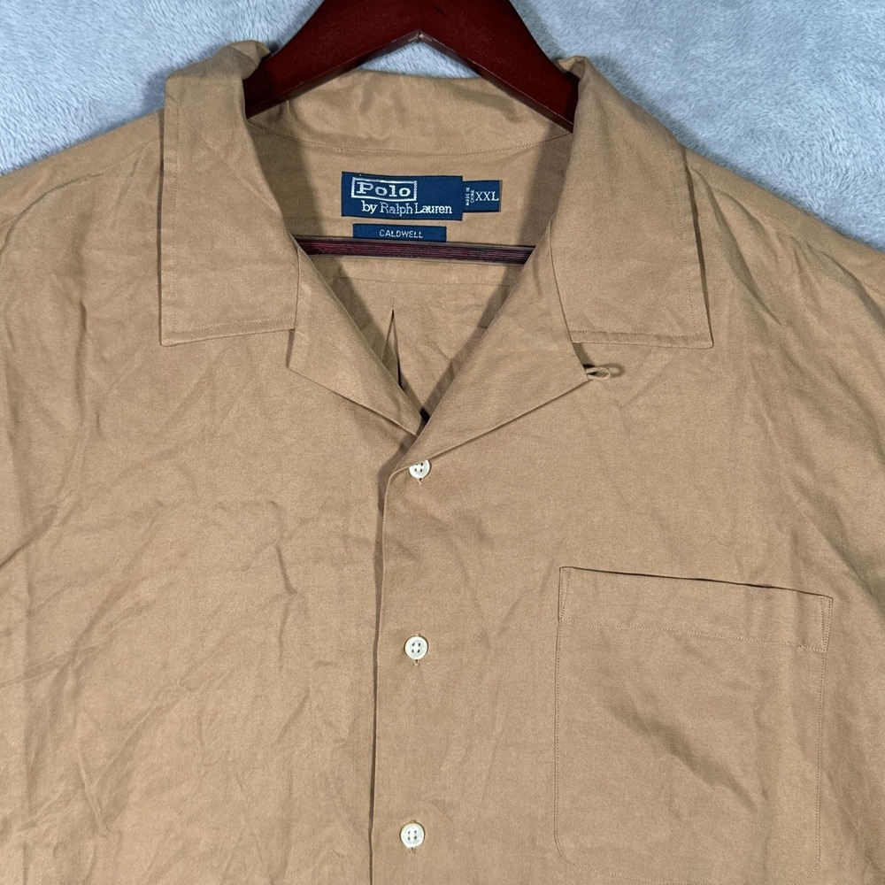 Polo Ralph Lauren Shirt Mens 2XL Beige Caldwell Silk Cotton Short Sleeve*FLAW